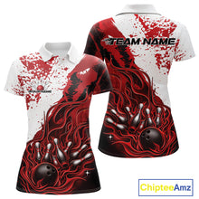 Load image into Gallery viewer, Front and back view womens bowling polo shirt mockup, black red and white colorway, flame bowling ball and pins artwork, studio apparel presentation