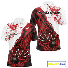 Load image into Gallery viewer, Front and back view mens bowling polo shirt mockup, black base with red and white flame bowling ball and pins artwork, studio presentation