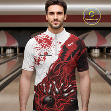 Load image into Gallery viewer, Front view of a male model in a bowling lane wearing a black quarter-zip shirt with red and white flame bowling ball and pins design and dynamic sports graphics.