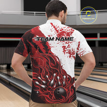 Load image into Gallery viewer, Front view of a male model in a bowling lane wearing a black quarter-zip shirt featuring red and white flame bowling ball and pins artwork with bold athletic bowling styling.