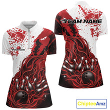 Load image into Gallery viewer, Front and back view of a womens black bowling quarter-zip shirt mockup showcasing flame bowling ball and pins design in red and white tones with energetic sports graphics.