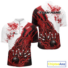 Load image into Gallery viewer, Front and back view of a mens black bowling quarter-zip shirt mockup showcasing flame bowling ball and pins design in red and white tones with bold athletic styling.