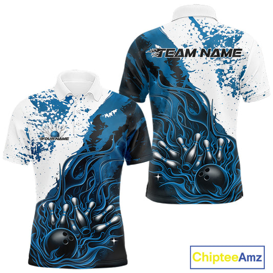 Front and back view mens bowling polo shirt mockup, black base with blue and white flame bowling ball and pins artwork, studio presentation