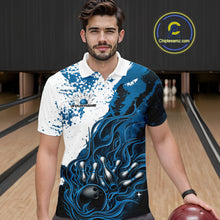 Load image into Gallery viewer, In bowling lane front view male model wearing bowling polo shirt, black base with blue and white flame bowling ball and pins artwork, energetic sports lighting