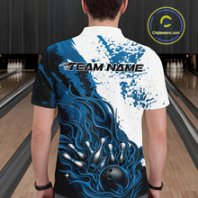 Load image into Gallery viewer, Bowling lane back view male model wearing bowling polo shirt, black base with blue and white flame bowling ball and pins artwork, promotional sports atmosphere