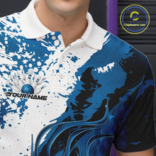 Load image into Gallery viewer, Close up left chest of bowling polo shirt, black fabric with blue and white flame bowling ball and pins emblem, detailed apparel branding perspective