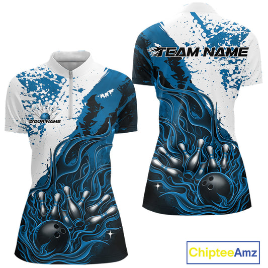 Front and back view of a womens black bowling quarter-zip shirt mockup featuring flame bowling ball and pins design in blue and white tones with energetic sportswear graphics.