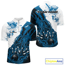 Load image into Gallery viewer, Front and back view of a mens black bowling quarter-zip shirt mockup featuring flame bowling ball and pins design in blue and white tones with athletic sports styling.