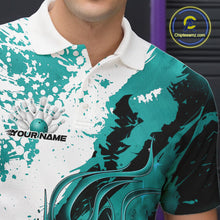 Load image into Gallery viewer, Close up left chest of bowling polo shirt, black fabric with turquoise blue and white flame bowling ball and pins emblem, detailed apparel branding view
