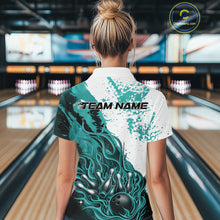 Load image into Gallery viewer, Bowling lane back view female model wearing bowling polo shirt, black turquoise blue and white palette, flame bowling ball and pins artwork, promotional sports atmosphere