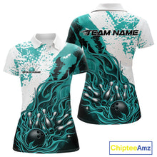 Load image into Gallery viewer, Front and back view womens bowling polo shirt mockup, black turquoise blue and white colorway, flame bowling ball and pins artwork, studio apparel presentation