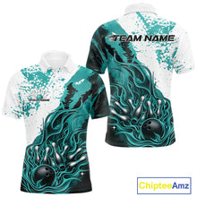 Load image into Gallery viewer, Front and back view mens bowling polo shirt mockup, black base with turquoise blue and white flame bowling ball and pins artwork, studio presentation