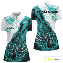 Load image into Gallery viewer, Front and back view of a womens black bowling quarter-zip shirt mockup featuring flame bowling ball and pins design in turquoise blue and white tones.