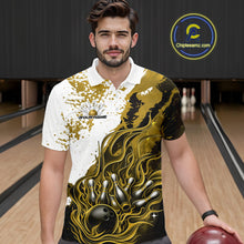 Load image into Gallery viewer, In bowling lane front view male model wearing bowling polo shirt, black base with yellow and white flame bowling ball and pins artwork, energetic sports lighting