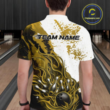 Load image into Gallery viewer, Bowling lane back view male model wearing bowling polo shirt, black base with yellow and white flame bowling ball and pins artwork, promotional sports atmosphere