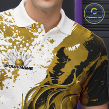 Load image into Gallery viewer, Close up left chest of bowling polo shirt, black fabric with yellow and white flame bowling ball and pins emblem, detailed apparel branding perspective