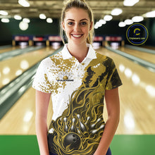 Load image into Gallery viewer, In bowling lane front view female model wearing bowling polo shirt, black yellow and white color scheme, flame bowling ball and pins artwork, sporty action lighting