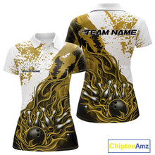Load image into Gallery viewer, Front and back view womens bowling polo shirt mockup, black yellow and white colorway, flame bowling ball and pins artwork, clean ecommerce apparel display