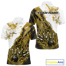 Load image into Gallery viewer, Front and back view mens bowling polo shirt mockup, black base with yellow and white flame bowling ball and pins artwork, studio presentation