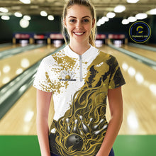 Load image into Gallery viewer, Front view of a female model in a bowling lane wearing a black, yellow and white flame bowling quarter-zip shirt with bold sporty bowling visuals.