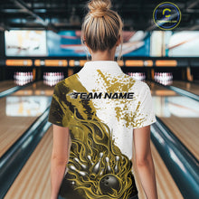 Load image into Gallery viewer, Back view of a female model in a bowling lane wearing a black, yellow and white flame bowling quarter-zip shirt featuring dynamic bowling action graphics.