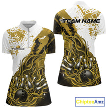 Load image into Gallery viewer, Front and back view of a womens black bowling quarter-zip shirt mockup featuring flame bowling ball and pins design in yellow and white tones.