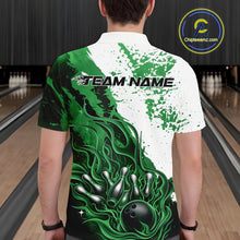 Load image into Gallery viewer, Bowling lane back view male model wearing bowling polo shirt, black base with green and white flame bowling ball and pins artwork, promotional sports atmosphere