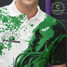 Load image into Gallery viewer, Close up left chest of bowling polo shirt, black fabric with green and white flame bowling ball and pins emblem, detailed apparel branding view