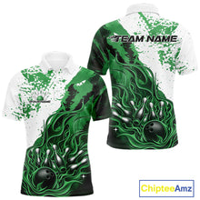 Load image into Gallery viewer, Front and back view mens bowling polo shirt mockup, black base with green and white flame bowling ball and pins artwork, studio presentation