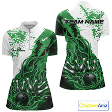Load image into Gallery viewer, Front and back view of a womens black bowling quarter-zip shirt mockup showcasing flame bowling ball and pins design in black, green, and white tones.