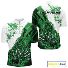 Load image into Gallery viewer, Front and back view of a mens black bowling quarter-zip shirt mockup featuring flame bowling ball and pins design in black, green, and white tones.