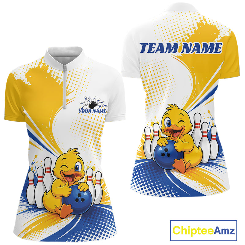 Front and back views of a customizable bowling-themed womens quarter zip shirt. The shirt features a white base with yellow paint splatters, blue graphic swirls, and a cartoon yellow duck holding a blue bowling ball with bowling pins.