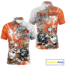 Load image into Gallery viewer, Front and back view of a mens bowling polo shirt mockup with orange and white grunge splatter background featuring cartoon bowling ball and pin fighting scene.
