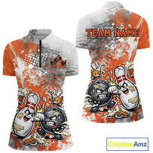 Load image into Gallery viewer, Front and back view of a womens bowling quarter-zip shirt mockup showcasing an orange and white grunge splatter background with cartoon bowling ball and pin fist-fighting graphics.