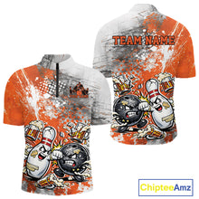 Load image into Gallery viewer, Front and back view of a mens bowling quarter-zip shirt mockup featuring an orange and white grunge splatter background with humorous cartoon bowling ball and pin fight design.