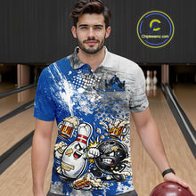 Load image into Gallery viewer, Front view of a male model in a bowling lane wearing a blue and white grunge splatter polo shirt with funny cartoon bowling ball and pin fist-fighting illustration.
