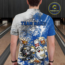 Load image into Gallery viewer, Back view of a male model in a bowling lane wearing a blue and white grunge splatter polo shirt featuring playful cartoon bowling action graphics.