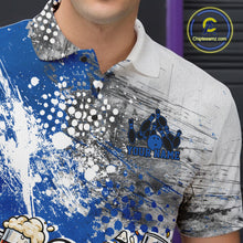 Load image into Gallery viewer, Close-up view of the left chest of a blue and white grunge splatter polo shirt showing humorous bowling ball and pin fist-fighting artwork detail.
