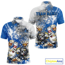 Load image into Gallery viewer, Front and back view of a mens bowling polo shirt mockup featuring a blue and white grunge splatter background with playful cartoon bowling ball and pin fighting scene.