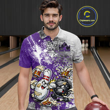 Load image into Gallery viewer, Front view of a male model in a bowling lane wearing a purple and white grunge splatter polo shirt with humorous bowling ball and pin battle artwork.