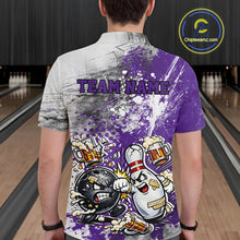 Load image into Gallery viewer, Back view of a male model in a bowling lane wearing a purple and white grunge splatter polo shirt featuring playful cartoon bowling action graphics.