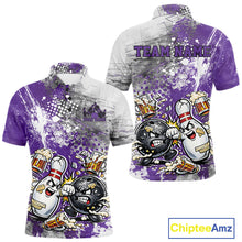 Load image into Gallery viewer, Front and back view of a mens bowling polo shirt mockup with purple and white grunge splatter background featuring a funny cartoon bowling ball and pin fist-fighting.