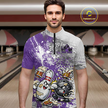 Load image into Gallery viewer, Front view of a male model in a bowling lane wearing a purple and white grunge splatter bowling quarter-zip shirt with funny cartoon bowling ball and pin fist-fighting artwork.