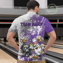 Load image into Gallery viewer, Front view of a male model in a bowling lane wearing a purple and white grunge splatter bowling quarter-zip shirt featuring humorous bowling ball and pin battle illustration.
