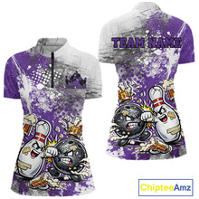 Load image into Gallery viewer, Front and back view of a womens bowling quarter-zip shirt mockup with purple and white grunge splatter background featuring a playful cartoon bowling ball and pin fist-fighting illustration.