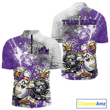 Load image into Gallery viewer, Front and back view of a mens bowling quarter-zip shirt mockup with purple and white grunge splatter background featuring a humorous cartoon bowling ball and pin fist-fighting illustration.