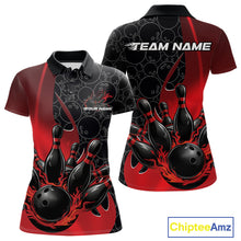 Load image into Gallery viewer, Custom Black And Red Flame Bowling Team Women Polo Shirt, Bowling Ball Pattern Jerseys IPHW11277