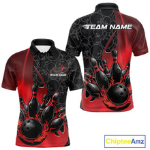 Load image into Gallery viewer, Front and back view of a mens black and red bowling polo shirt mockup featuring gradient bowling ball pattern with flaming black bowling ball striking pins.