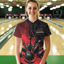 Load image into Gallery viewer, In a bowling lane, front view of a female model wearing a black and red bowling quarter-zip shirt, showcasing flaming bowling ball striking pins graphic with gradient pattern design.