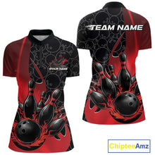 Load image into Gallery viewer, Front and back view of a womens black and red bowling quarter-zip shirt mockup, featuring flaming bowling ball striking pins artwork with dynamic gradient bowling ball pattern graphics.
